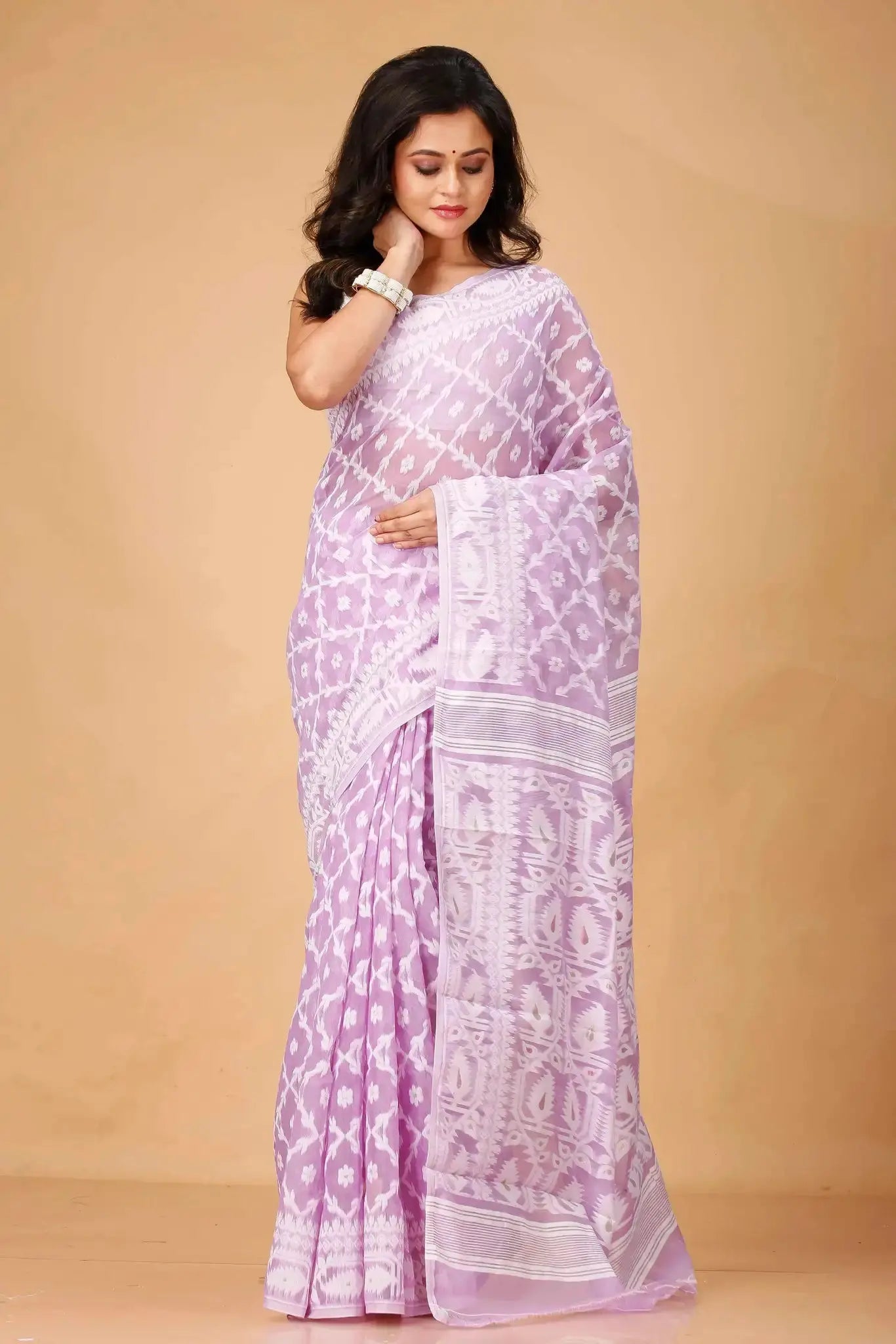 Elegant Dawn Pink- Bengal Handloom Ikat Print Soft Jamdani Saree