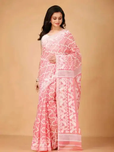 Elegant Red Pink Bengal Handloom Ikat Print Soft Jamdani Saree
