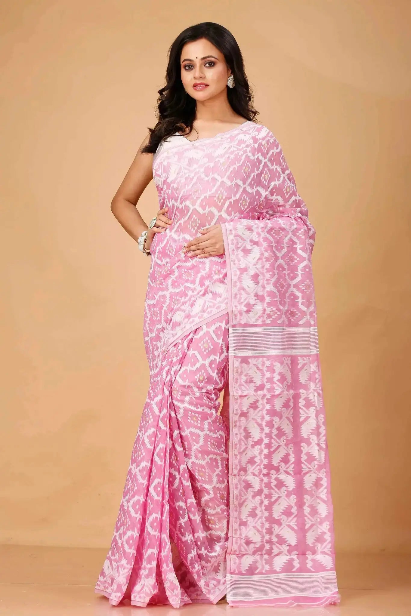 Coral Pink Ikat Print Soft Cotton Bengal Handloom Soft Jamdani Saree