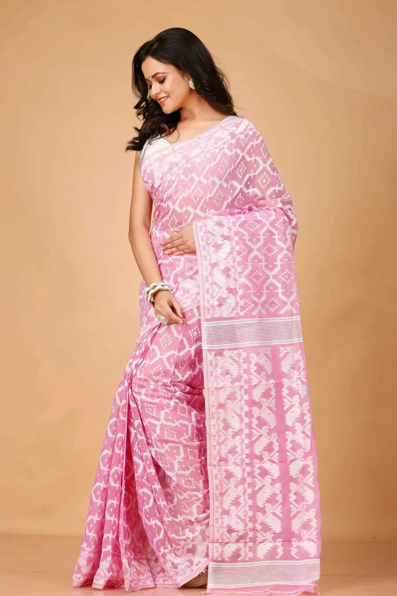 Coral Pink Ikat Print Soft Cotton Bengal Handloom Soft Jamdani Saree