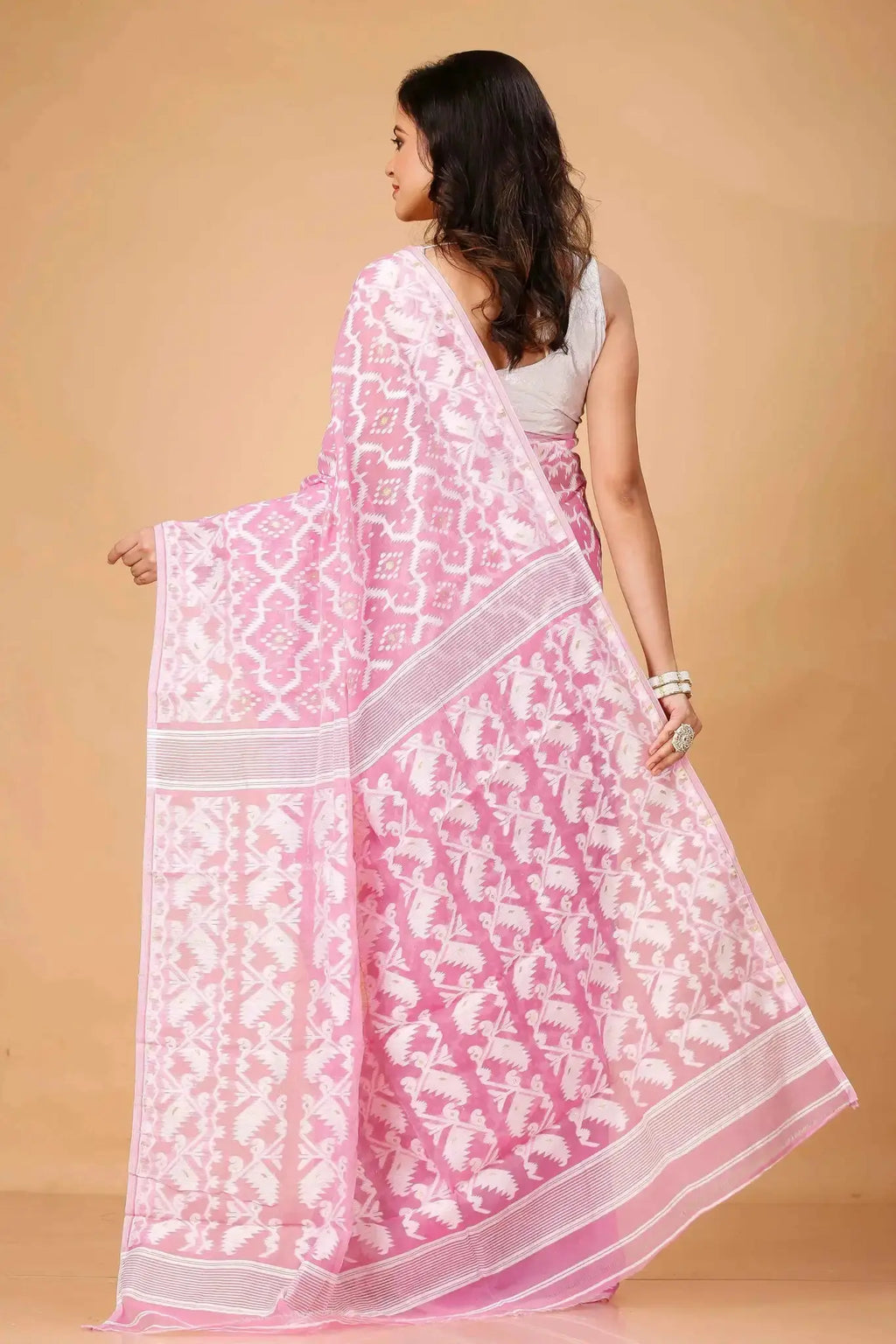Coral Pink Ikat Print Soft Cotton Bengal Handloom Soft Jamdani Saree