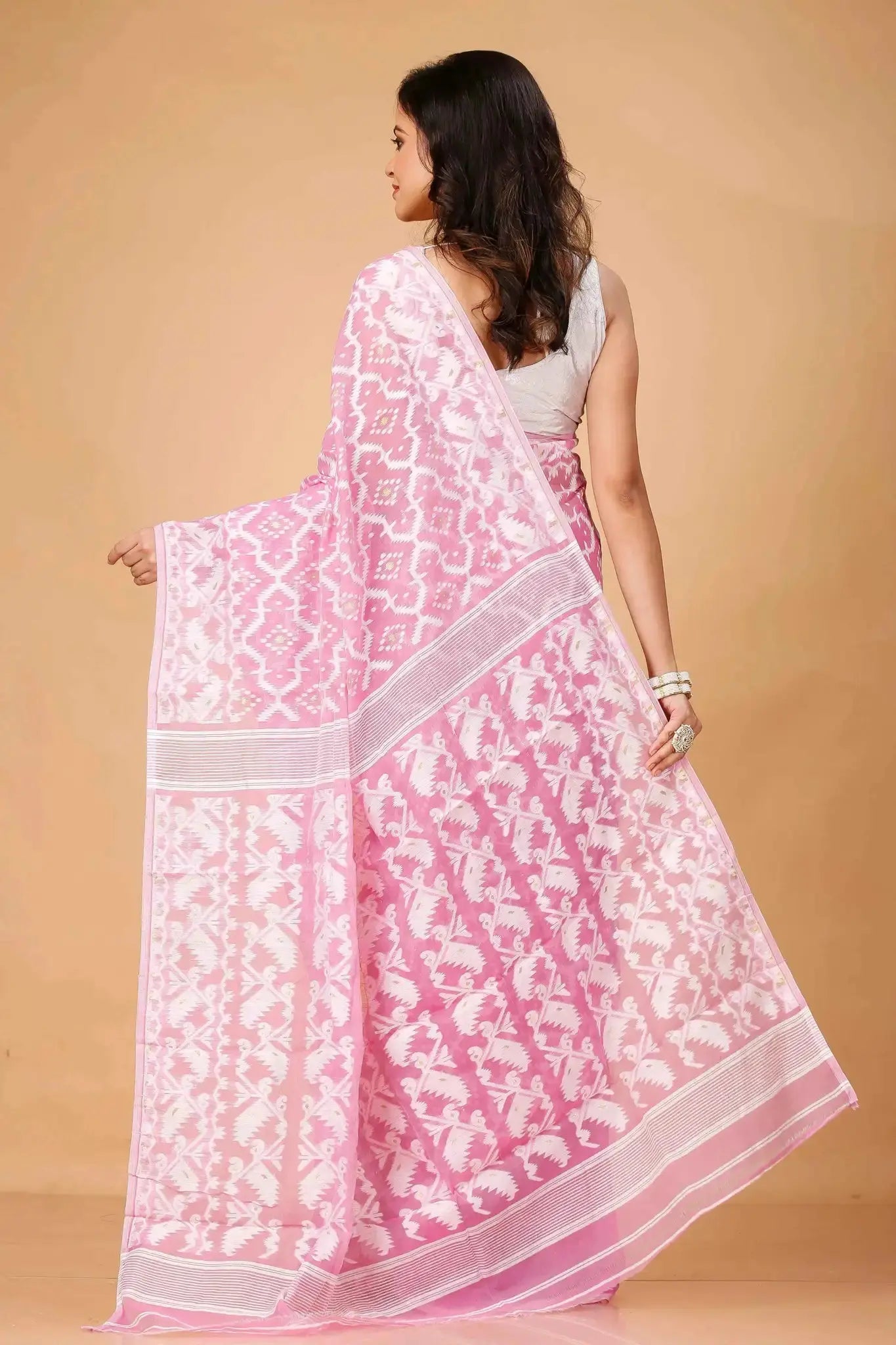 Coral Pink Ikat Print Soft Cotton Bengal Handloom Soft Jamdani Saree