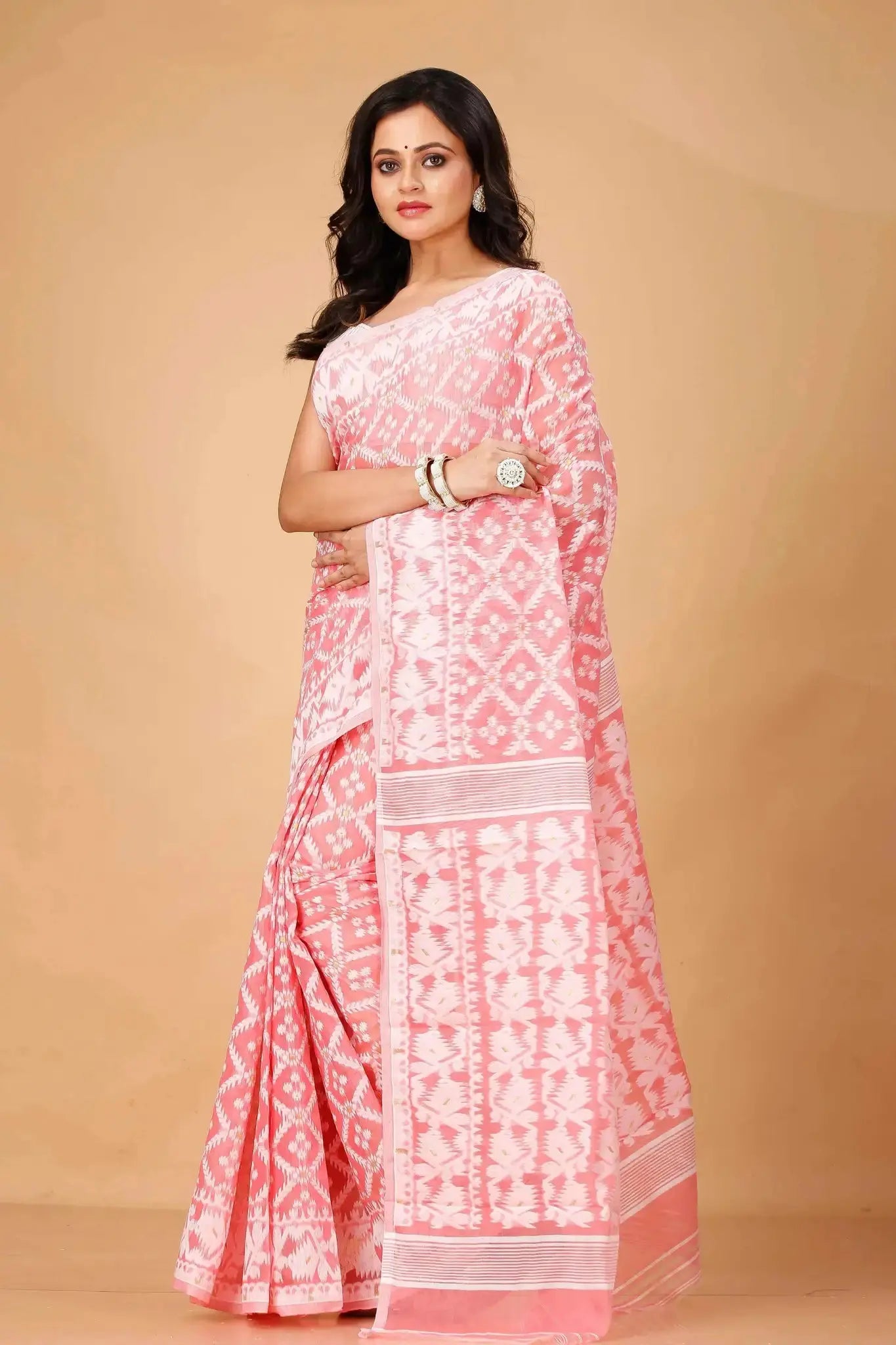 Rose Pink Bengal Handloom Cotton Jamdani Saree – Romantic Heritage Drape