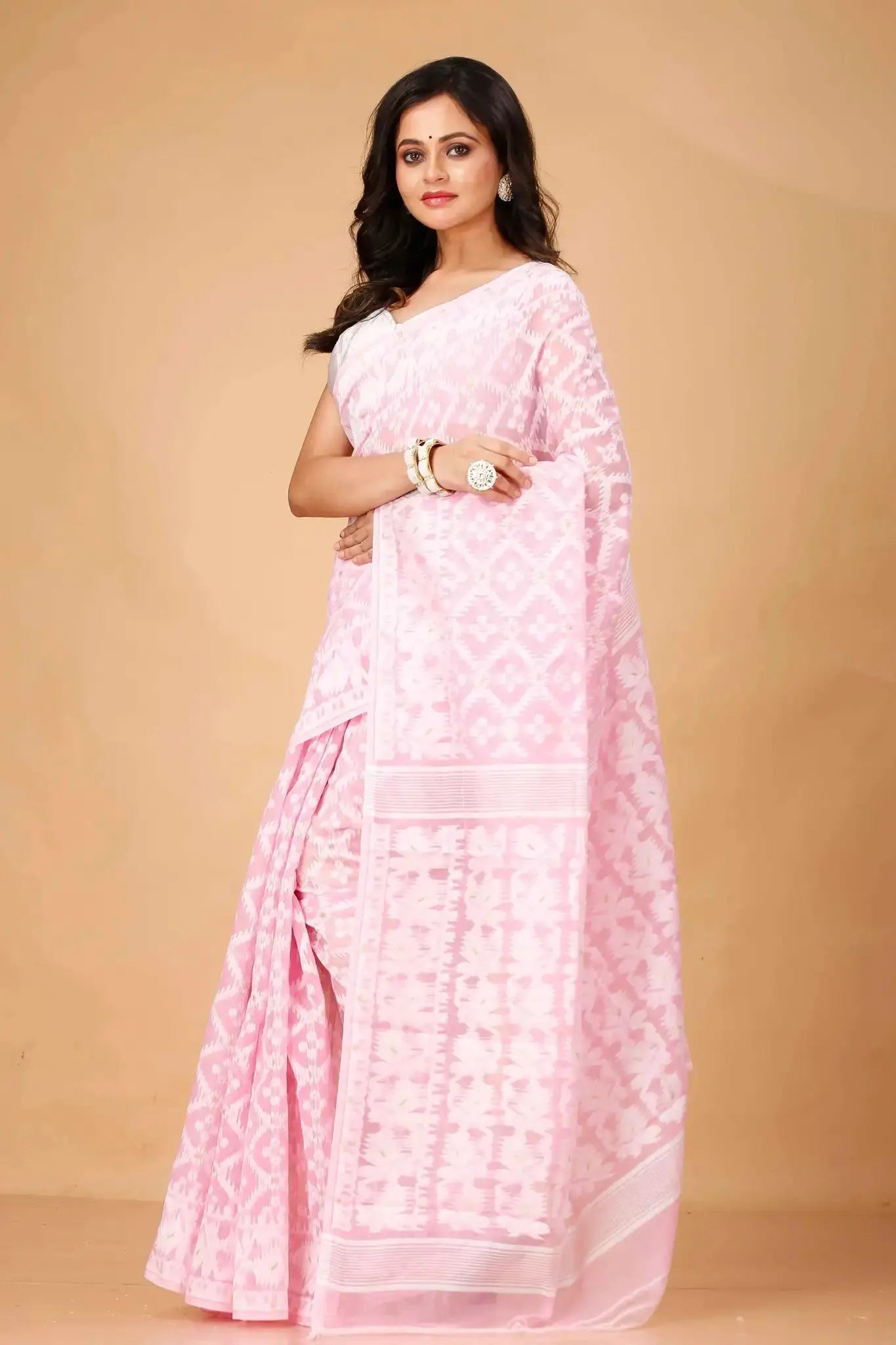 Pink Pearl- Bengal Handloom Handwoven Style Soft Cotton Jamdani Saree