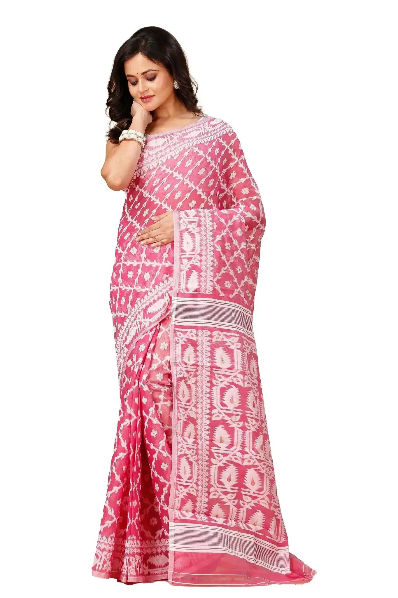 Canberry- Bengal Handloom Elegant Print Soft Jamdani Saree For Festival