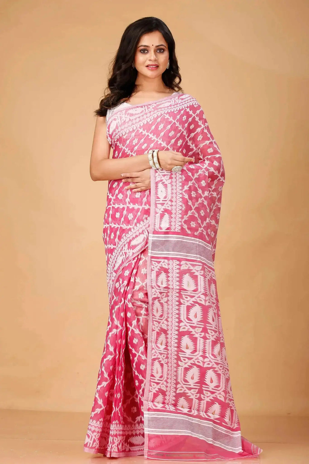 Canberry- Bengal Handloom Elegant Print Soft Jamdani Saree For Festival