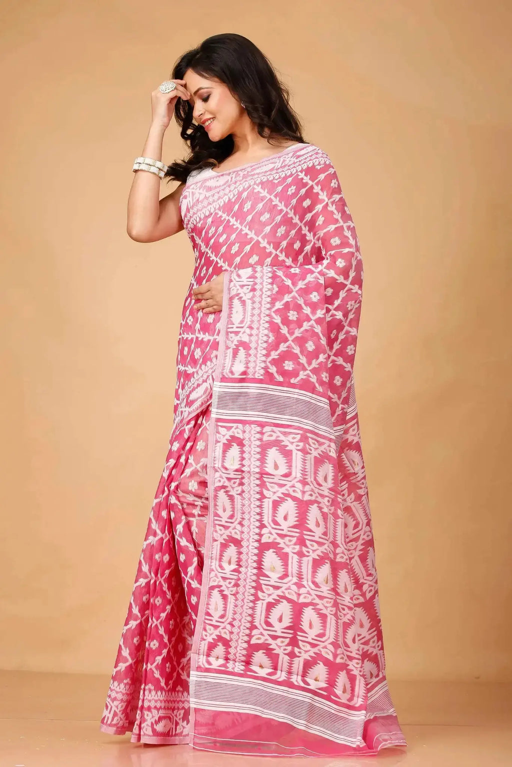 Canberry- Bengal Handloom Elegant Print Soft Jamdani Saree For Festival