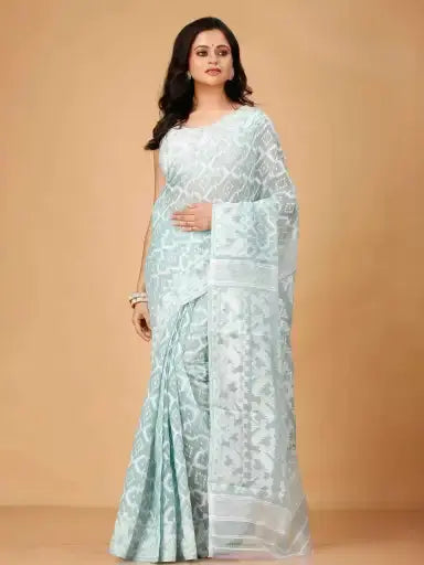 Summer Green- Bengal Handloom Ikat Print Soft Jamdani Saree