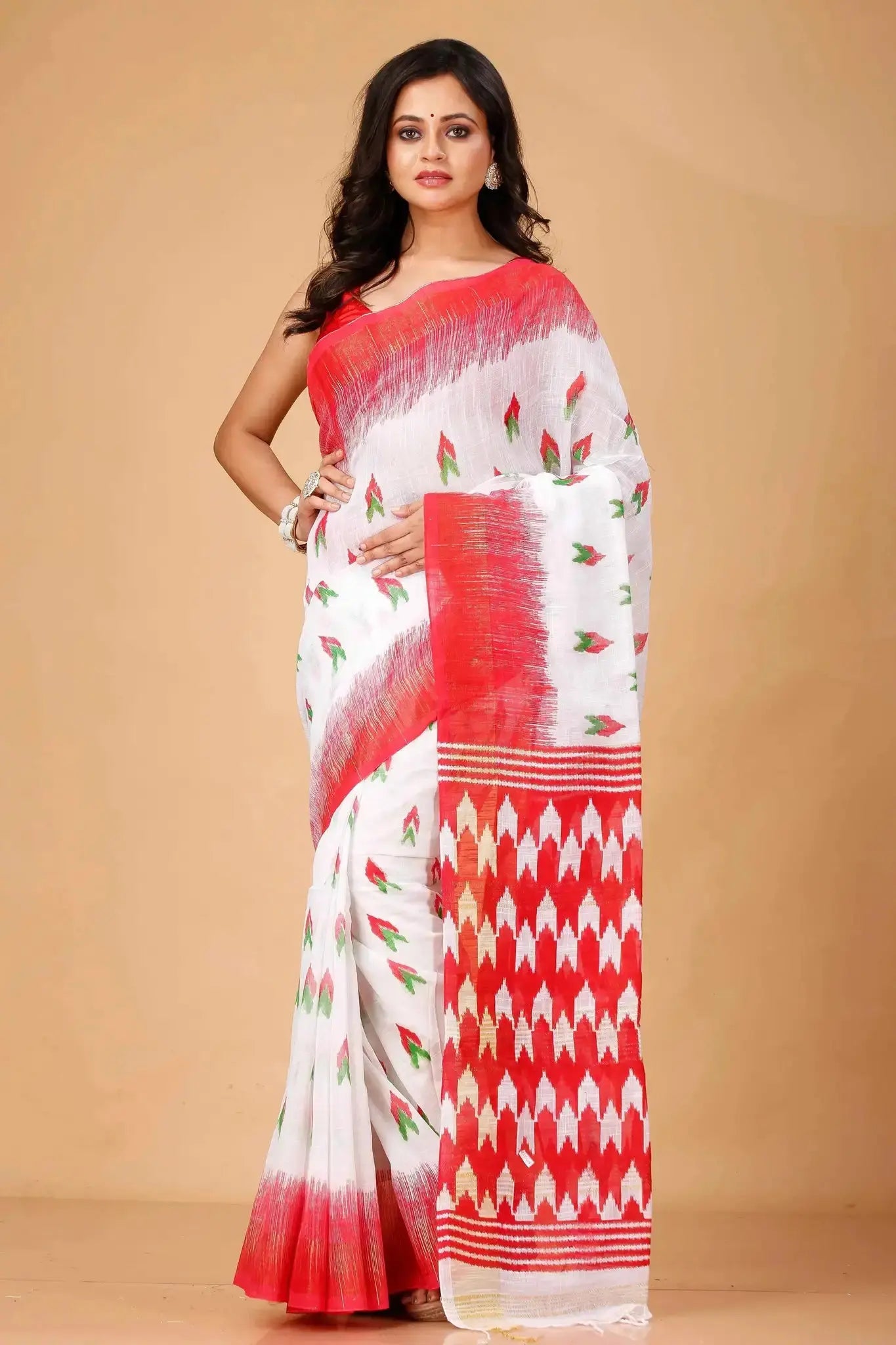 Red & White- Ikat Festive Wear Linen Saree With Traditional Geometric Weave