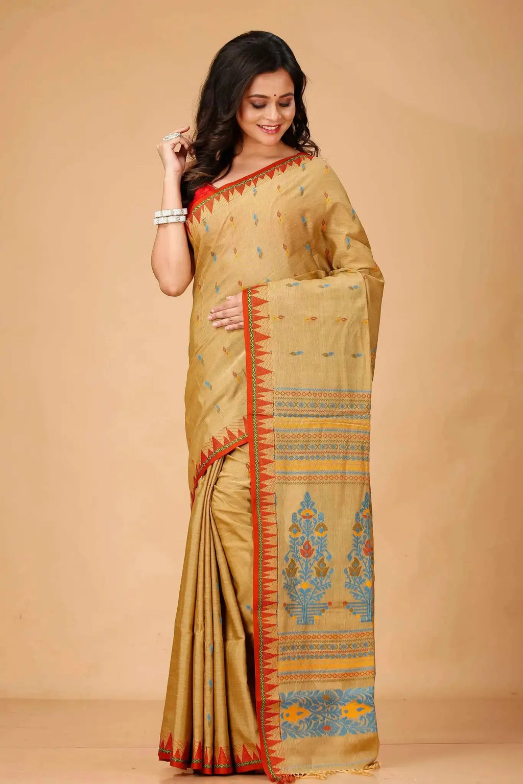 Elegant Mustard Beige Soft Cotton Saree With Contrast Woven Pallu