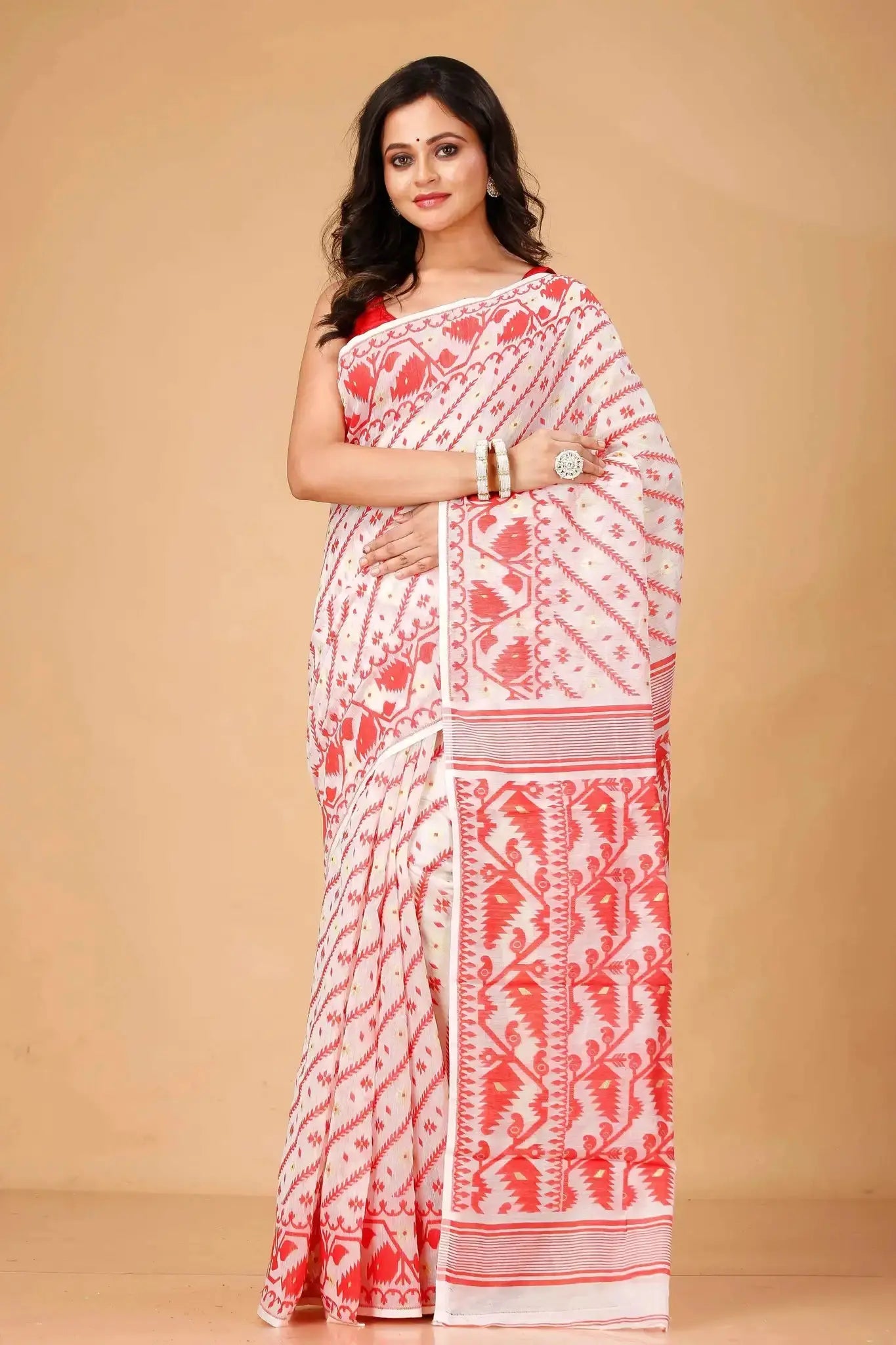 Red- Bengal Handloom Festive & Traditional Wear Soft Jamdani Saree