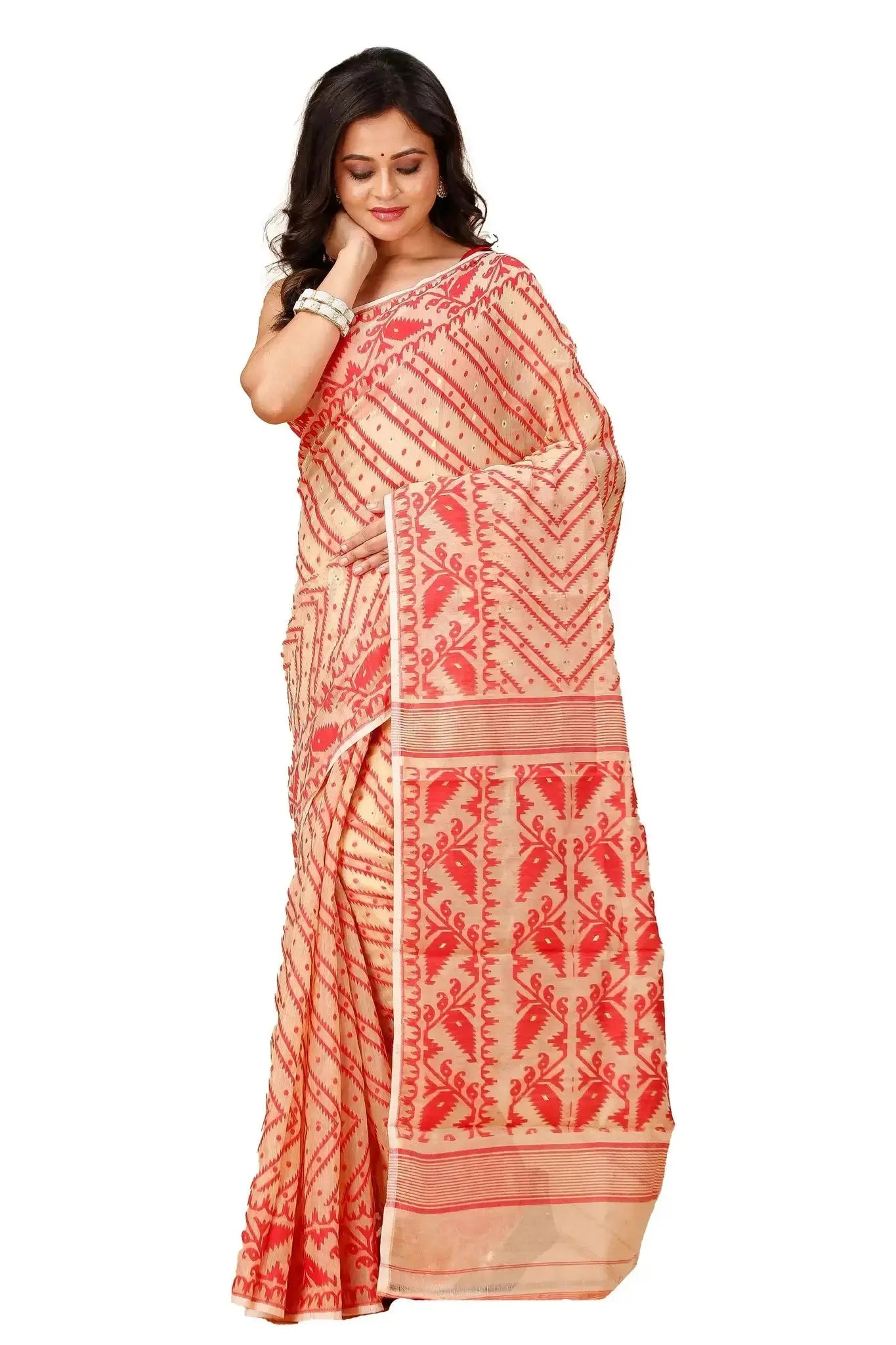 Reddish Brown- Bengal Handloom Ikat Soft Jamdani Cotton Saree