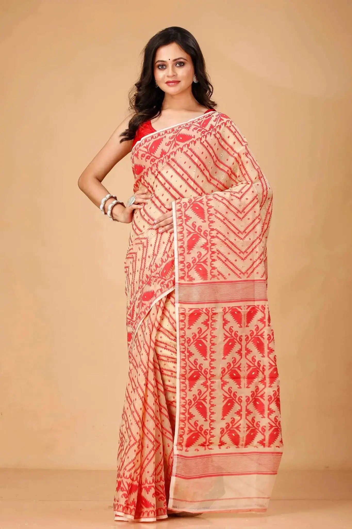 Reddish Brown- Bengal Handloom Ikat Soft Jamdani Cotton Saree
