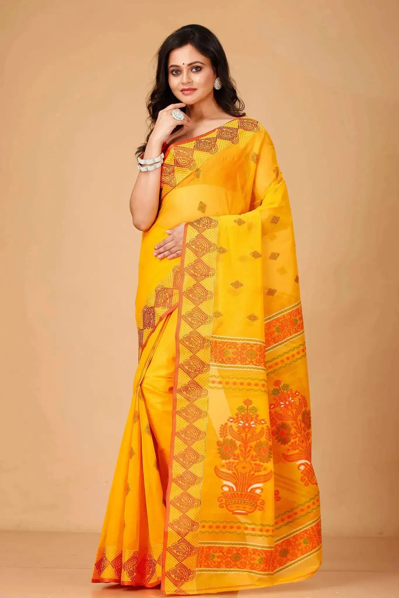 Yellow- Pure Cotton Bengal Handloom Saree With Geometric Border and Motif Pallu