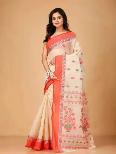 Light Orange- Pure Cotton Bengal Handloom Handwoven Saree With Orange Border