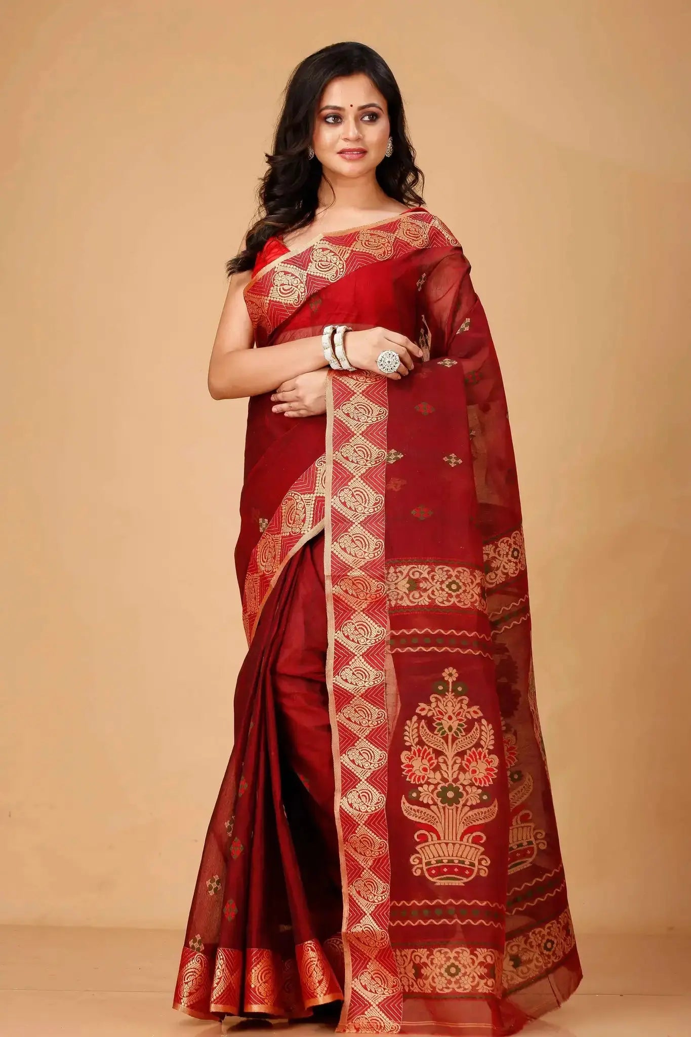 Red- Pure Cotton Bengal Handloom Saree With Golden Geometric Border
