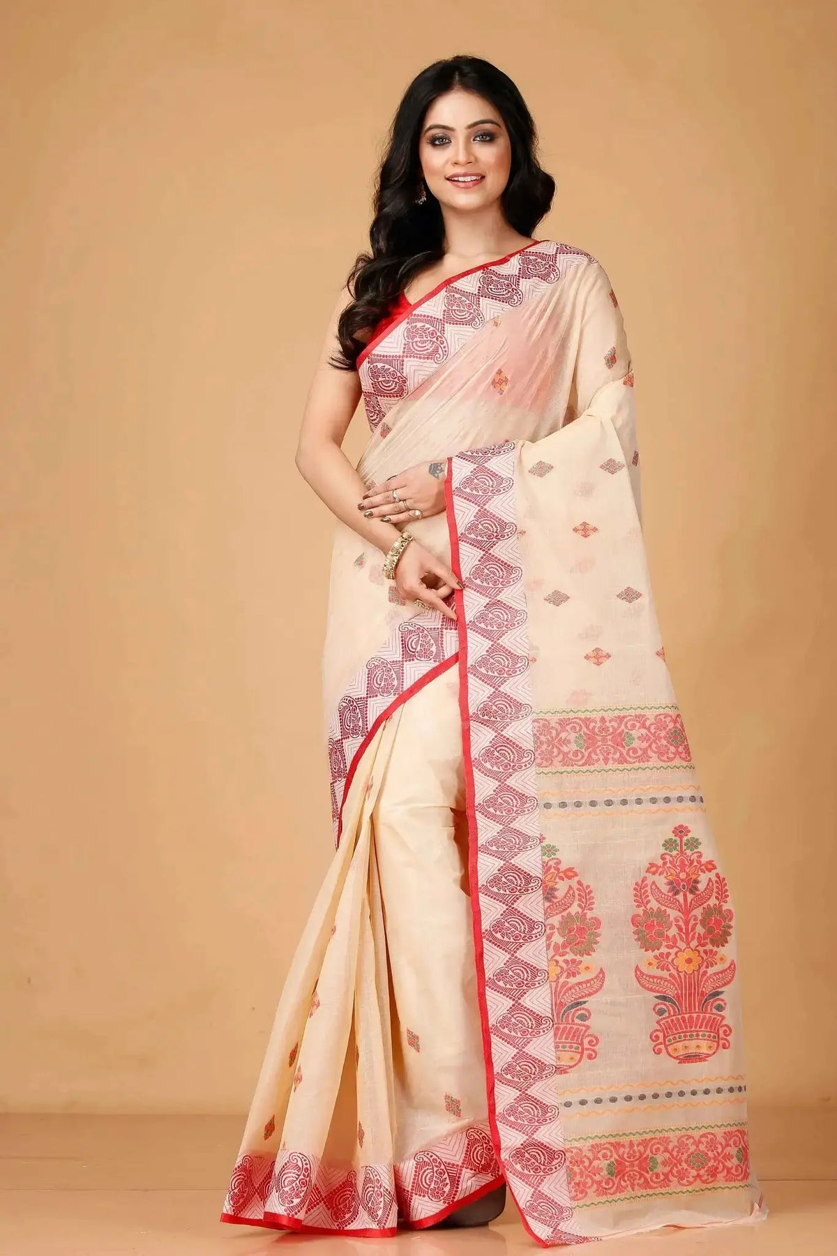 Reddish Orange- Pure Cotton Bengal Handloom Saree With Red Geometric Border