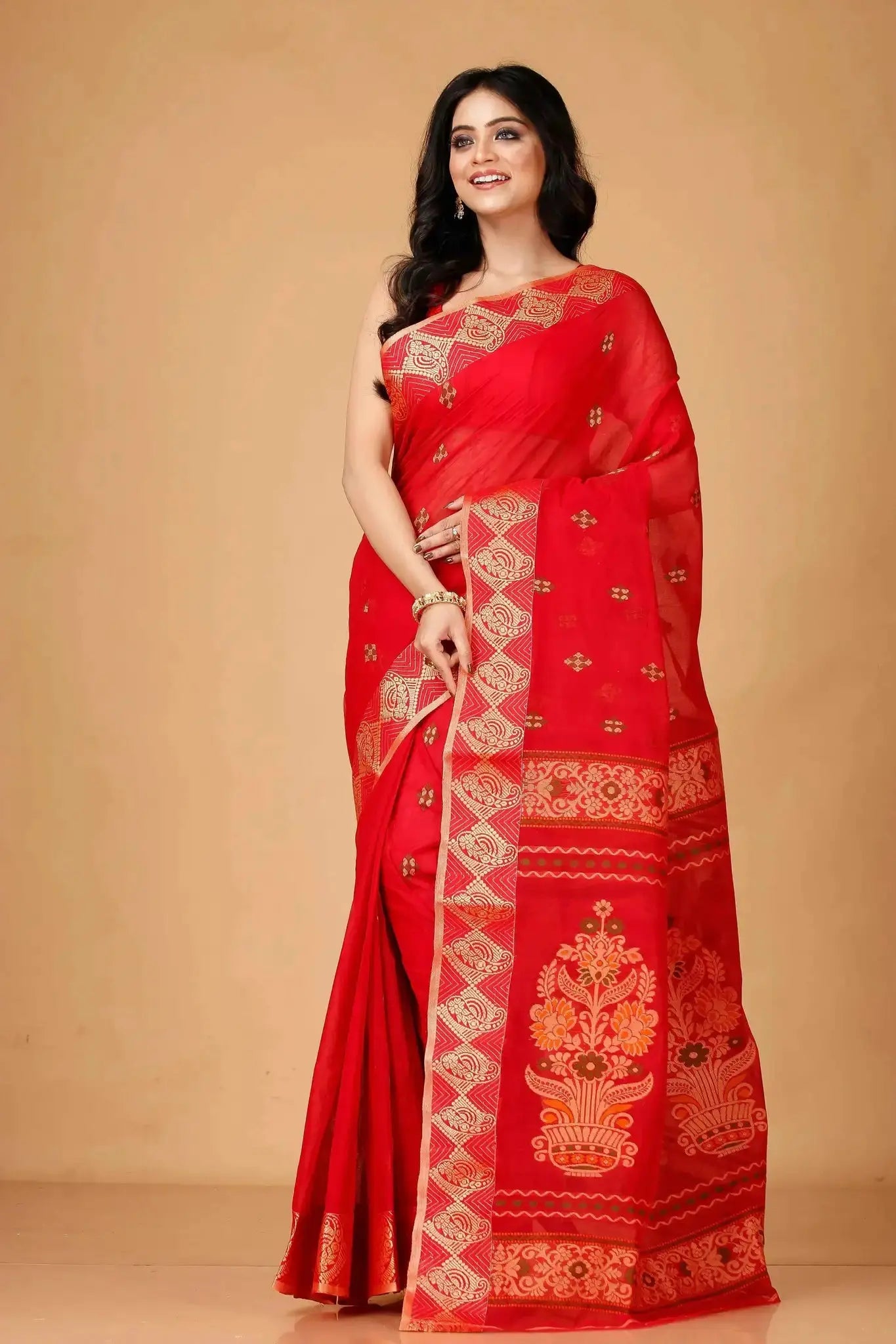Lava Red- Pure Cotton Bengal Handloom Saree With Gold Geometric Border and Pallu