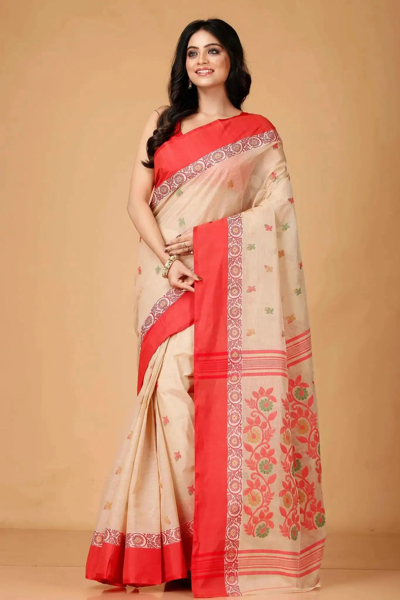 Red Orange- Pure Cotton Bengal Handloom Handwoven Saree With Rich Border & Pallu