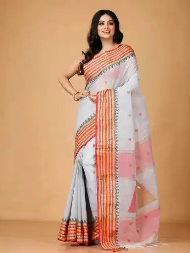 Light Grey- Pure Cotton Bengal Handloom Saree With Orange Red Striped Border