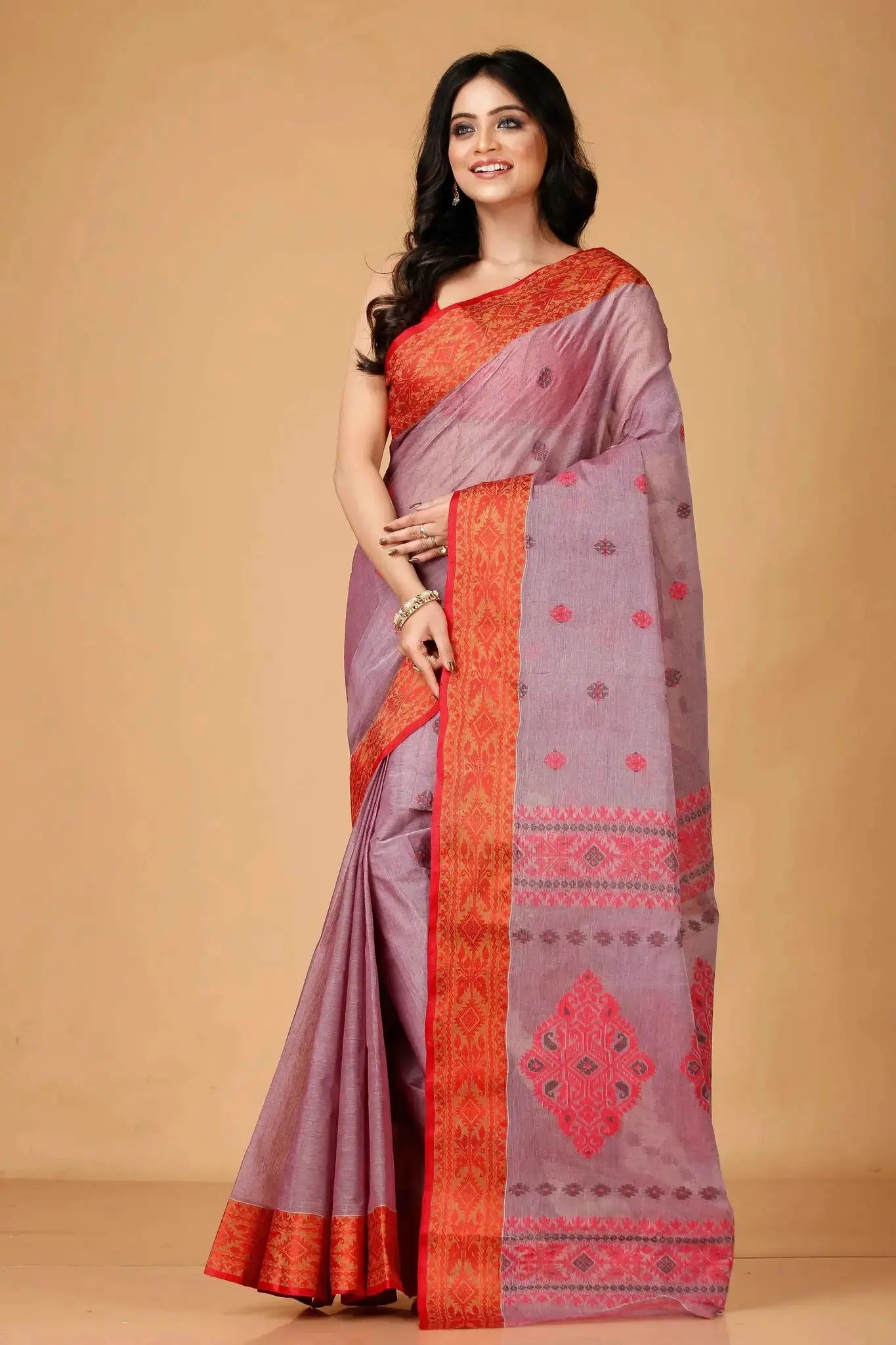 Pink & Red- Pure Cotton Bengal Handloom Classic Saree With Contrasting Border