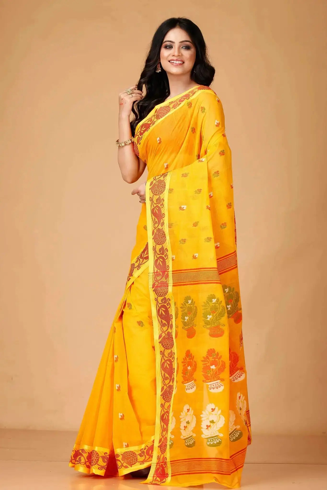 Bright Gold- Pure Cotton Bengal Handloom Saree With Floral Patterns Border