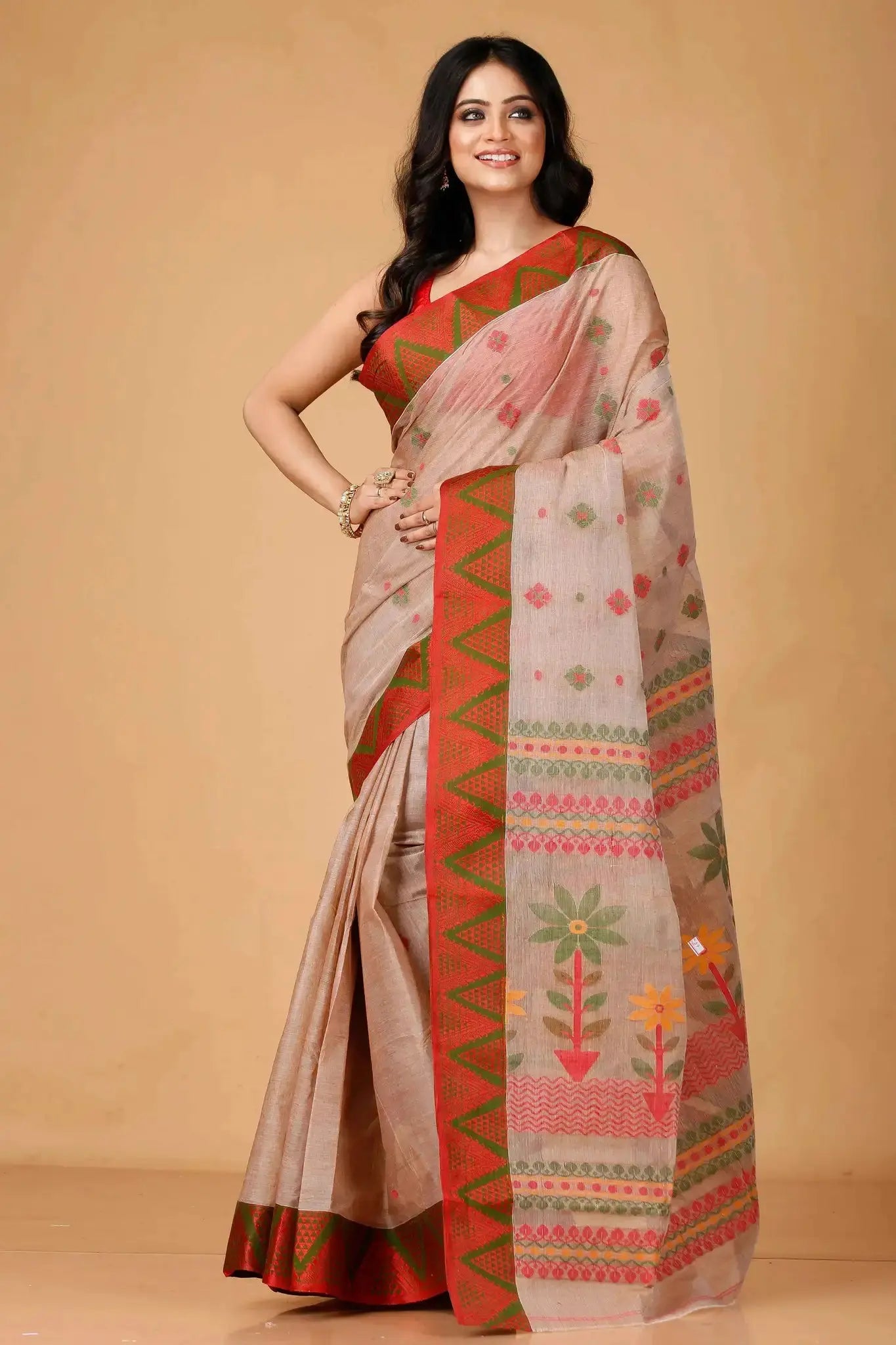 Pinkish Grey- Pure Cotton Bengal Handloom Traditional Indian Saree