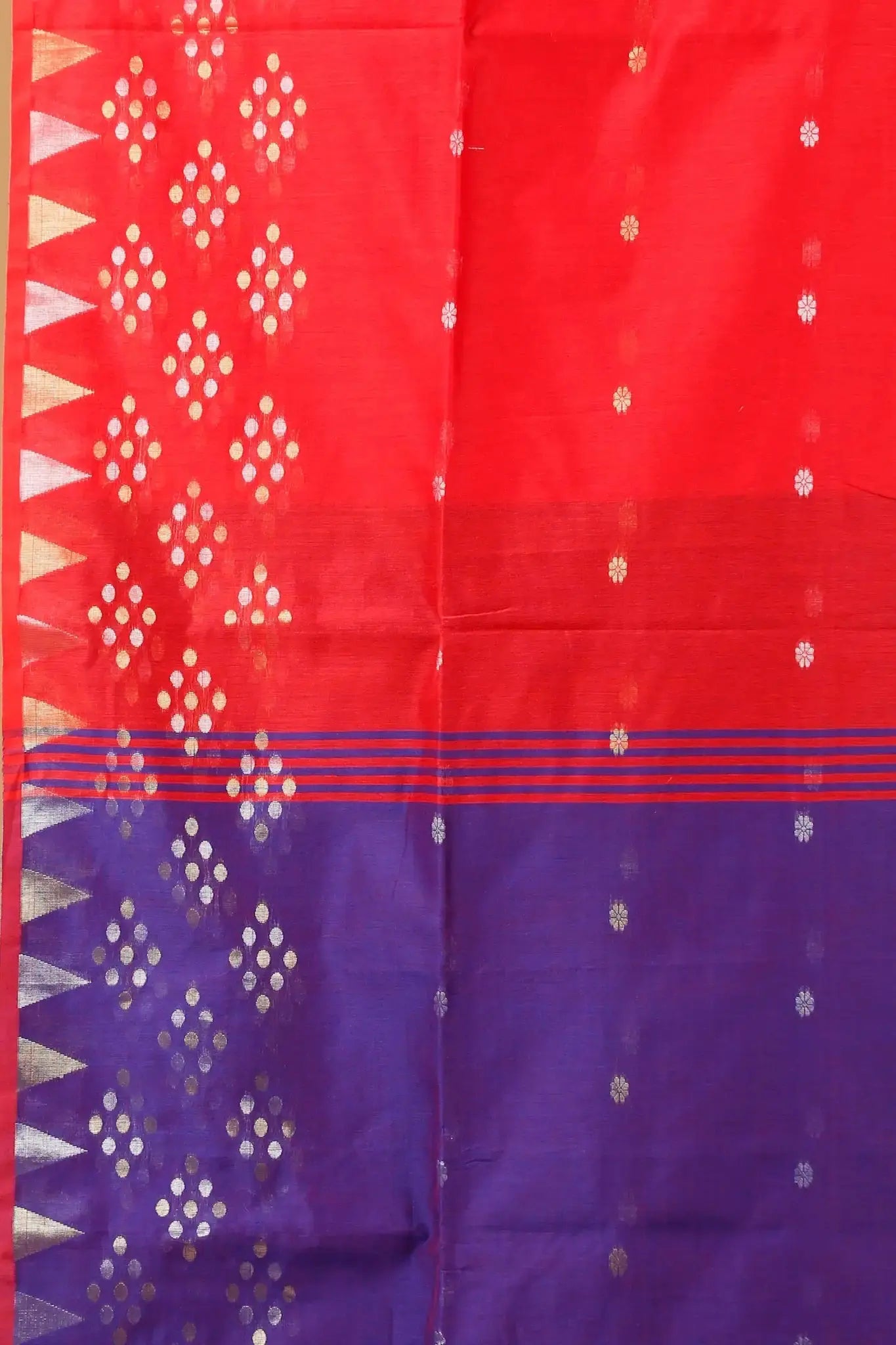Bellu Cotton Handloom Fancy Saree- Red With Purple Border Pallu Geometric Pattern - Grivana