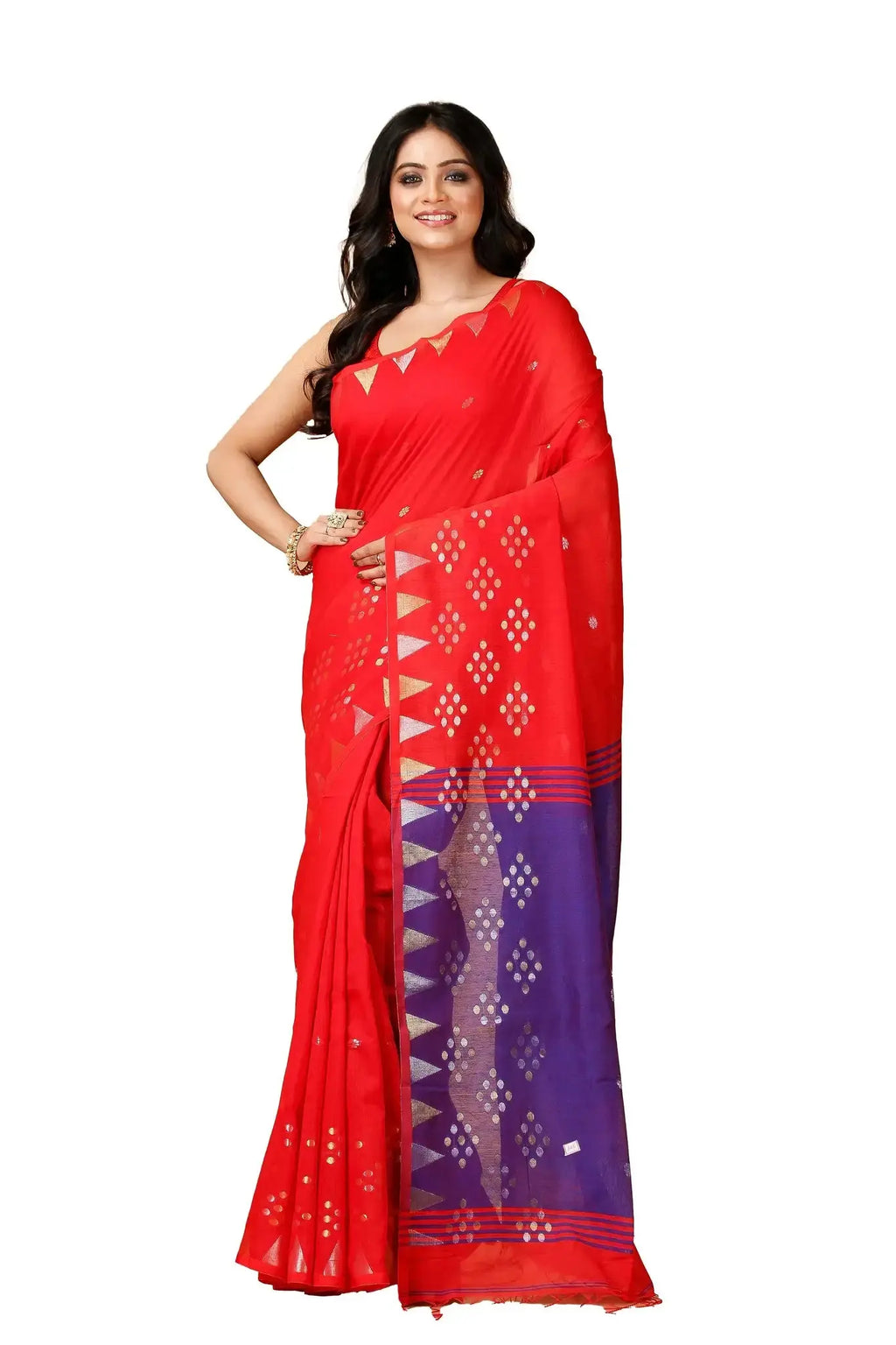 Bellu Cotton Handloom Fancy Saree- Red With Purple Border Pallu Geometric Pattern - Grivana