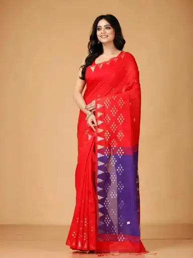 Bellu Cotton Handloom Fancy Saree- Red With Purple Border Pallu Geometric Pattern - Grivana