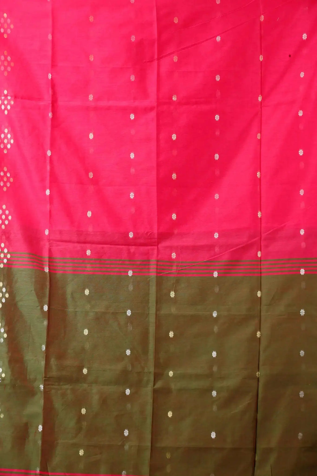 Bellu Cotton Handloom Fancy Saree- Strawberry Pink With Olive Green Border - Grivana