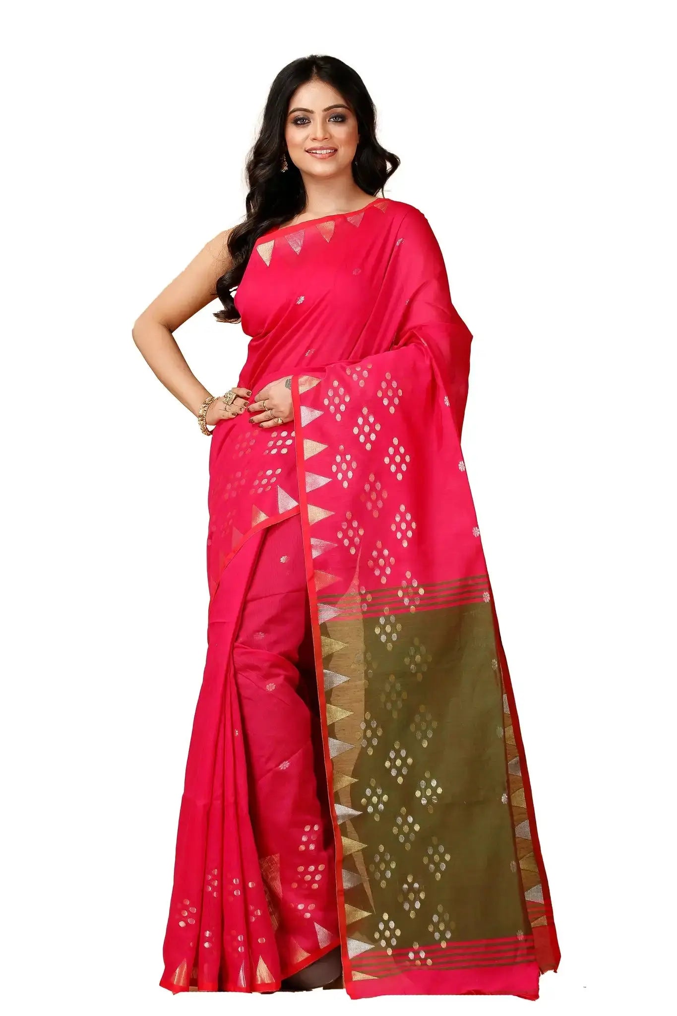 Bellu Cotton Handloom Fancy Saree- Strawberry Pink With Olive Green Border - Grivana