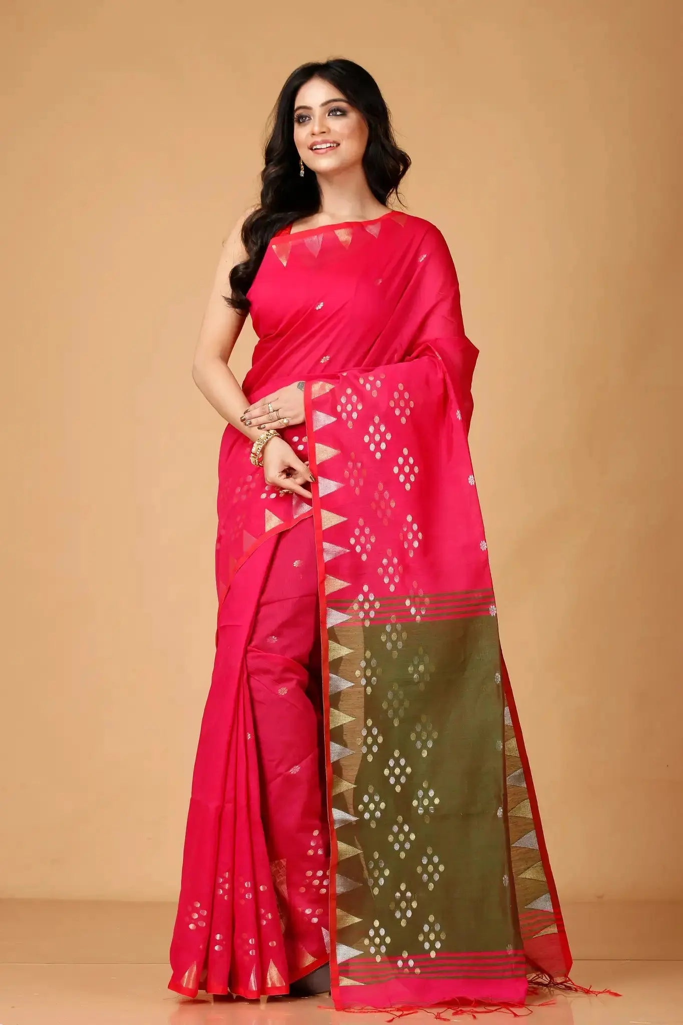 Bellu Cotton Handloom Fancy Saree- Strawberry Pink With Olive Green Border - Grivana