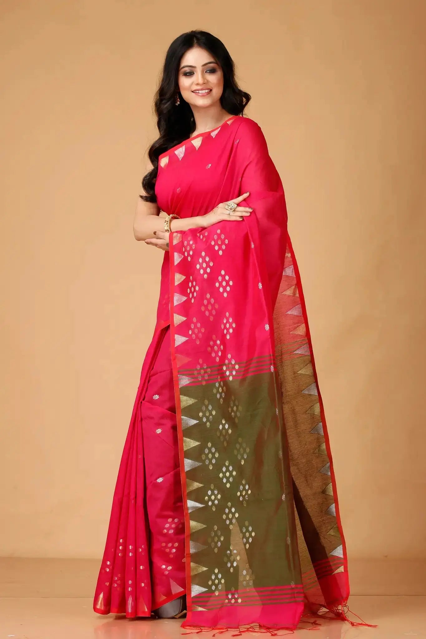 Bellu Cotton Handloom Fancy Saree- Strawberry Pink With Olive Green Border - Grivana