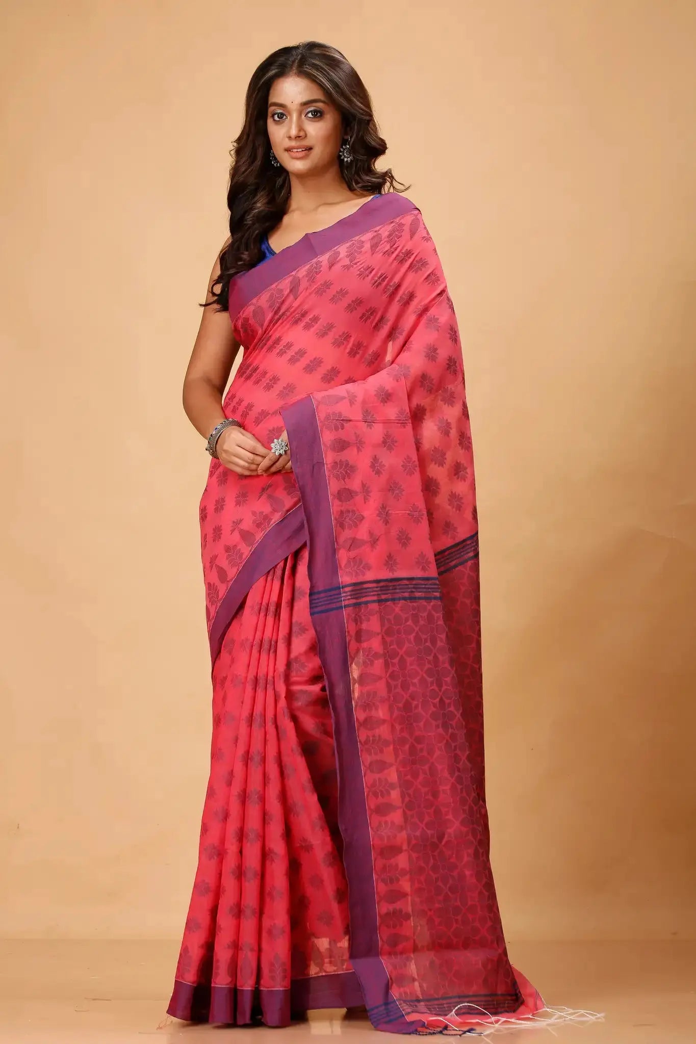 Coral Red- Bellu Cotton Handloom Fancy Saree Traditional Contrast Border - Grivana