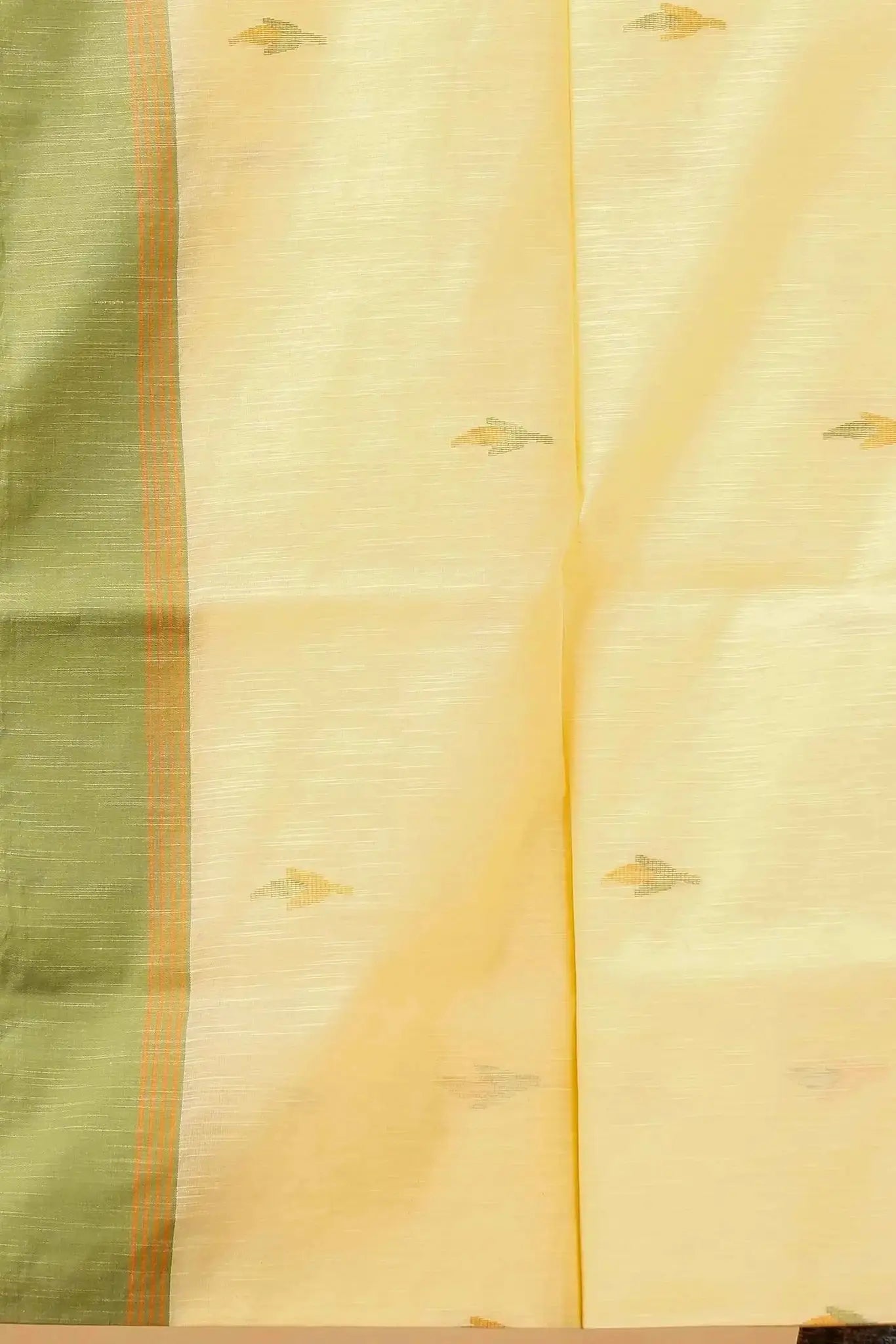 Elegant Pale Yellow Manipuri Cotton Saree with Olive Green Border & Floral Pallu
