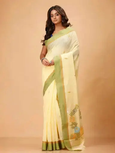 Elegant Pale Yellow Manipuri Cotton Saree with Olive Green Border & Floral Pallu