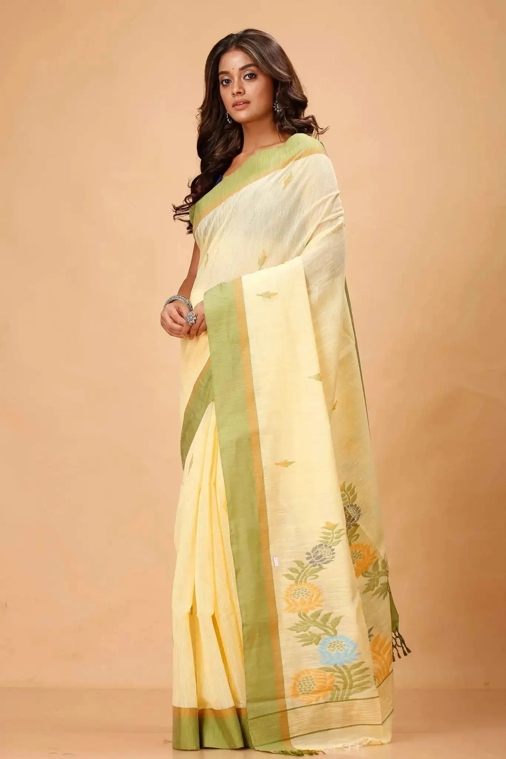 Elegant Pale Yellow Manipuri Cotton Saree with Olive Green Border & Floral Pallu