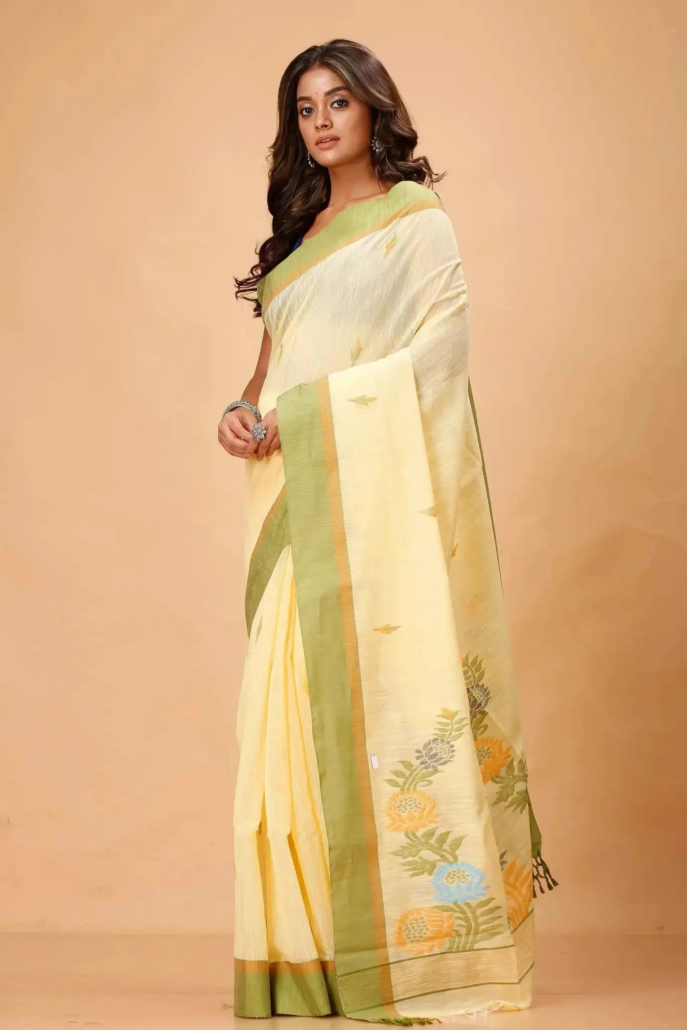 Elegant Pale Yellow Manipuri Cotton Saree with Olive Green Border & Floral Pallu