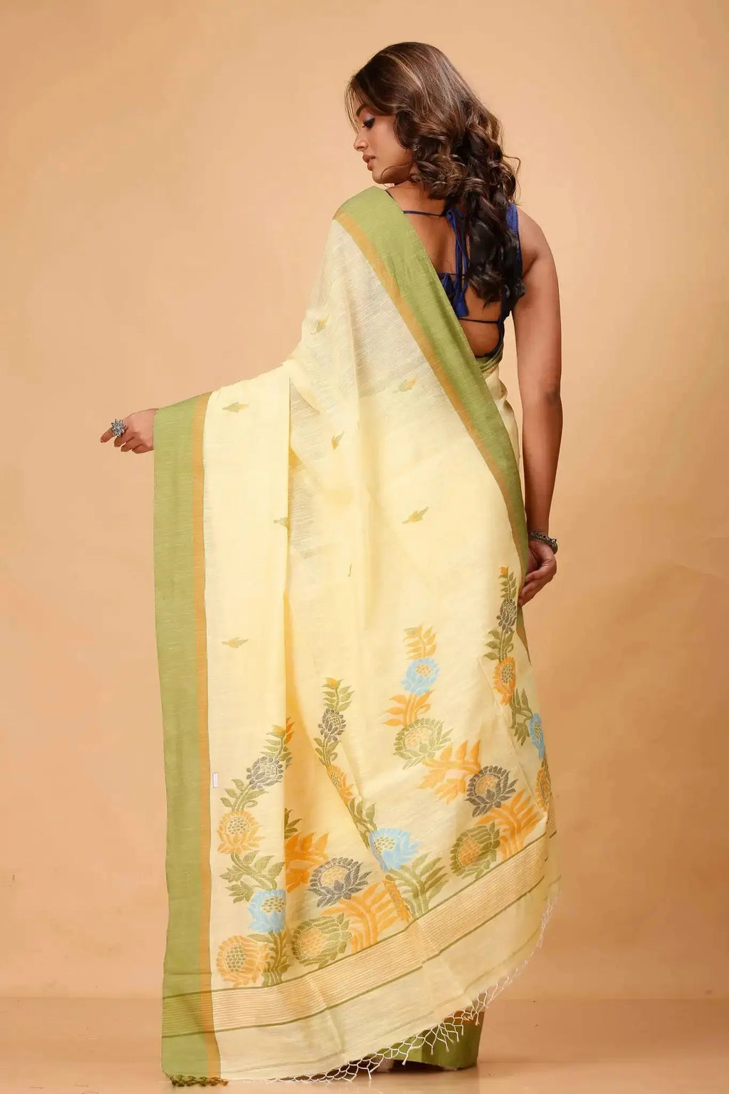 Elegant Pale Yellow Manipuri Cotton Saree with Olive Green Border & Floral Pallu