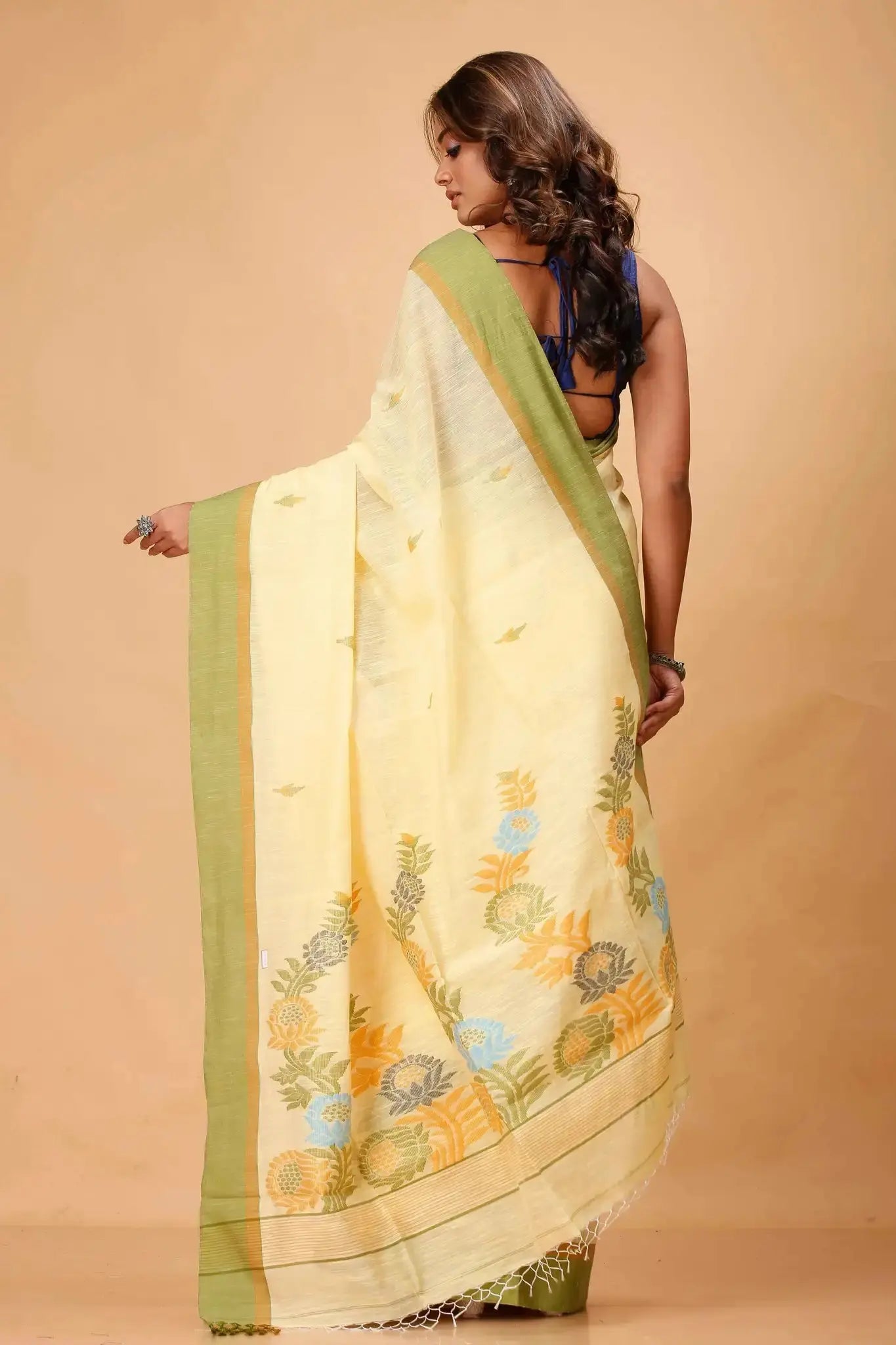 Elegant Pale Yellow Manipuri Cotton Saree with Olive Green Border & Floral Pallu