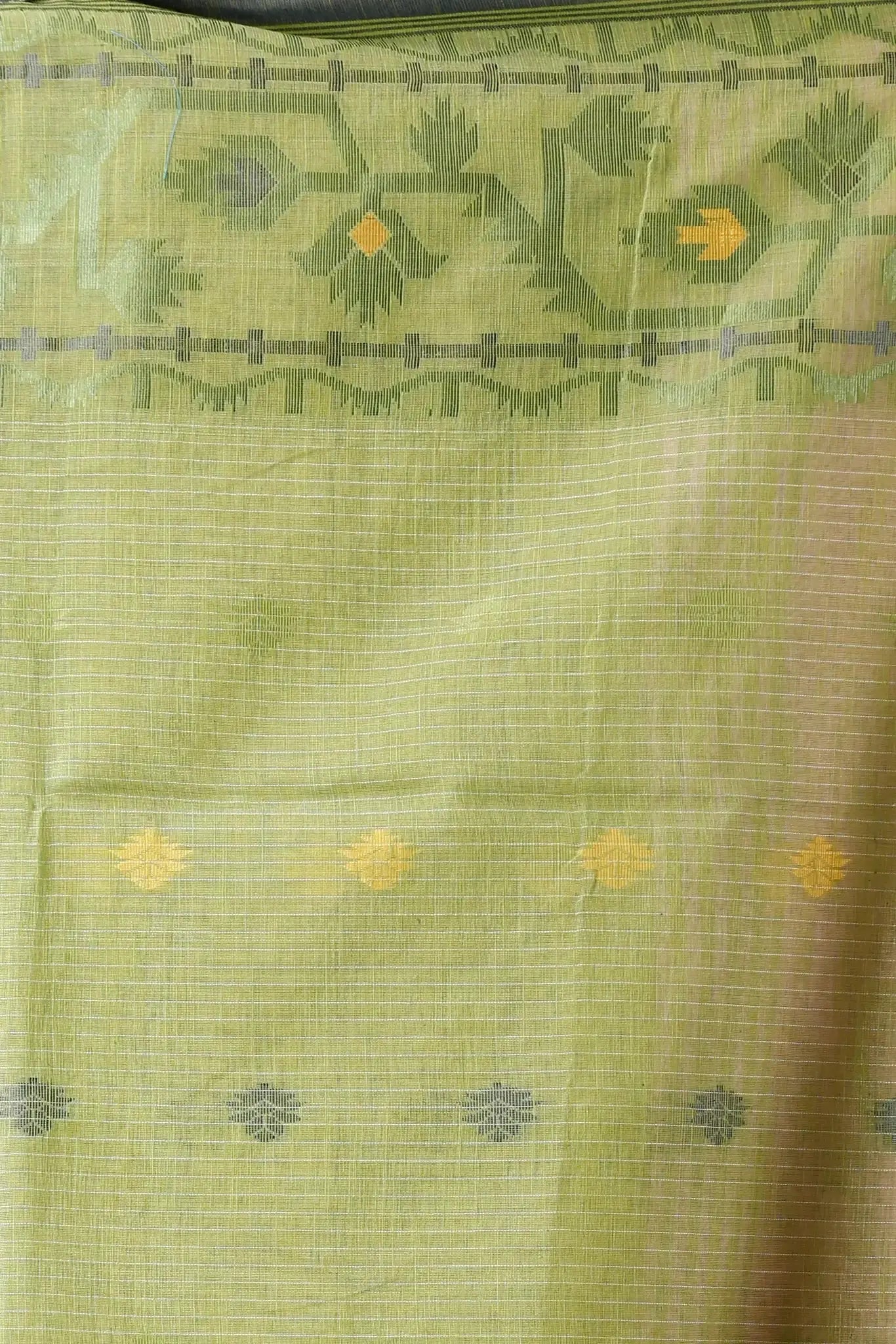 Bellu Cotton Handloom Fancy Saree- Pink With Green Border Traditional Geometric Pattern - Grivana
