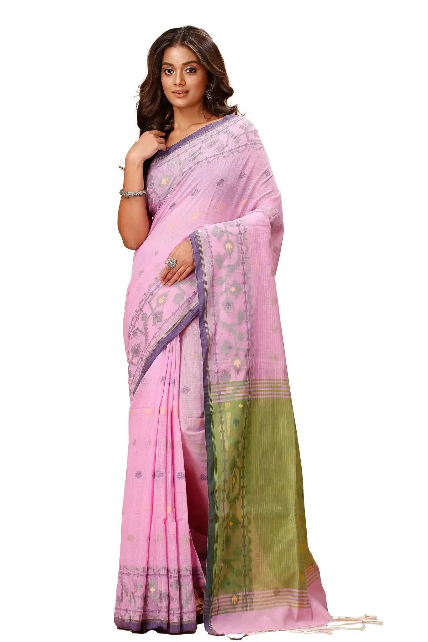 Bellu Cotton Handloom Fancy Saree- Pink With Green Border Traditional Geometric Pattern - Grivana