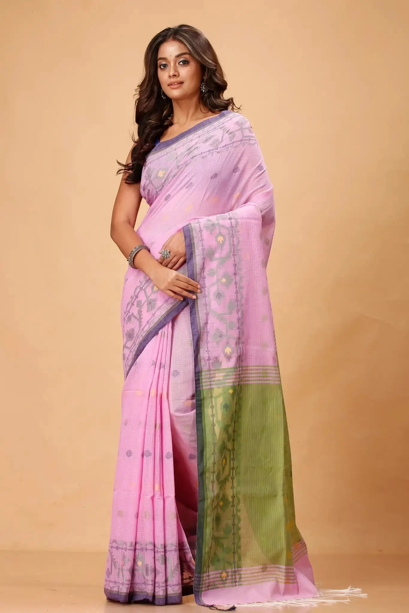 Bellu Cotton Handloom Fancy Saree- Pink With Green Border Traditional Geometric Pattern - Grivana