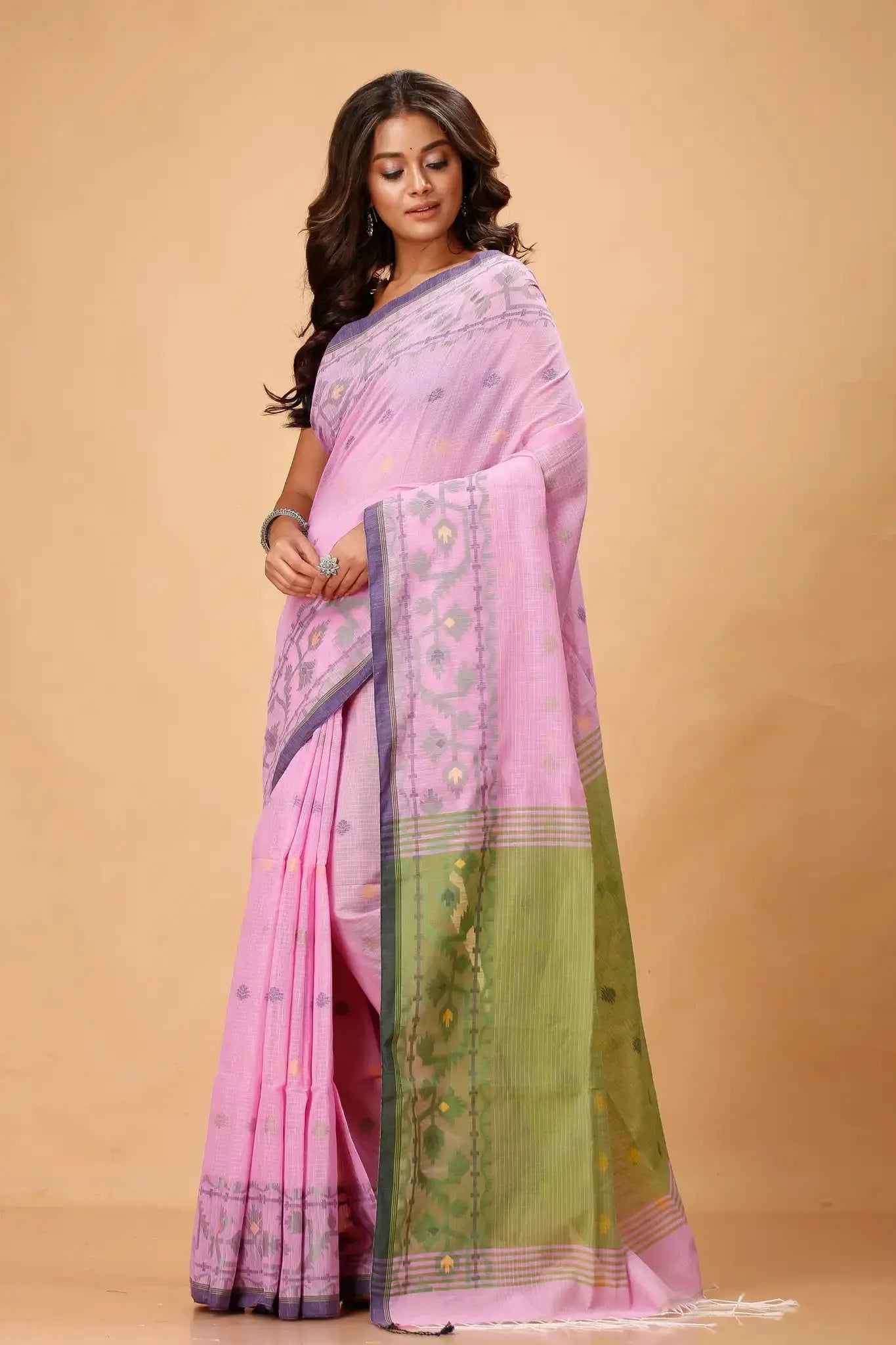 Bellu Cotton Handloom Fancy Saree- Pink With Green Border Traditional Geometric Pattern - Grivana