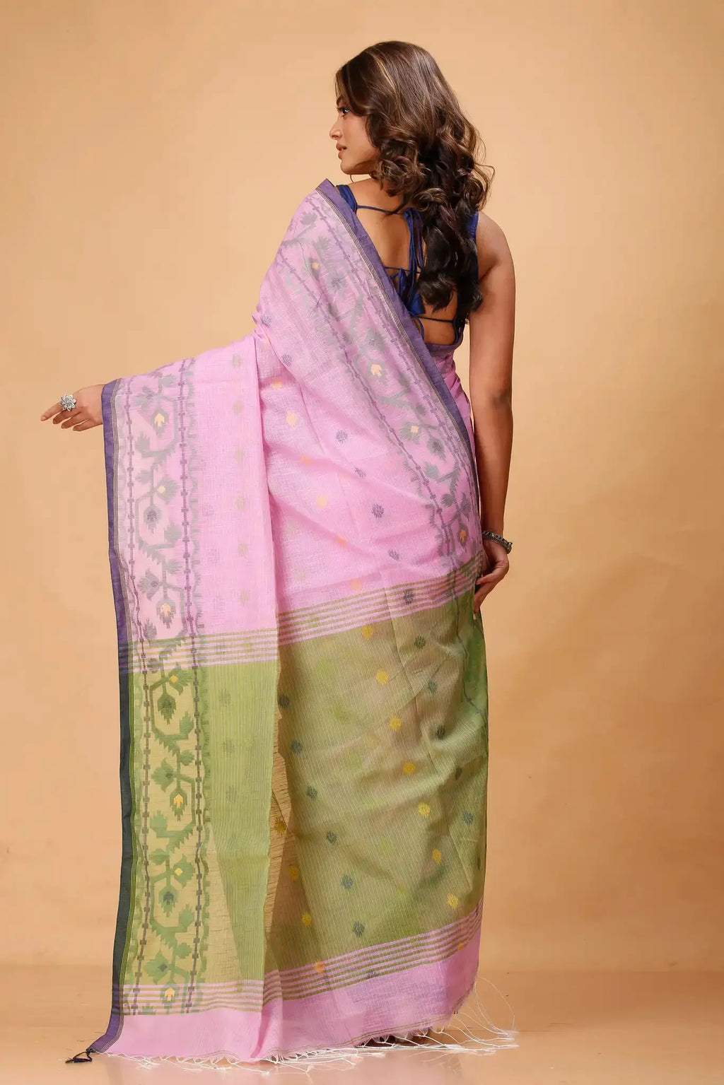 Bellu Cotton Handloom Fancy Saree- Pink With Green Border Traditional Geometric Pattern - Grivana