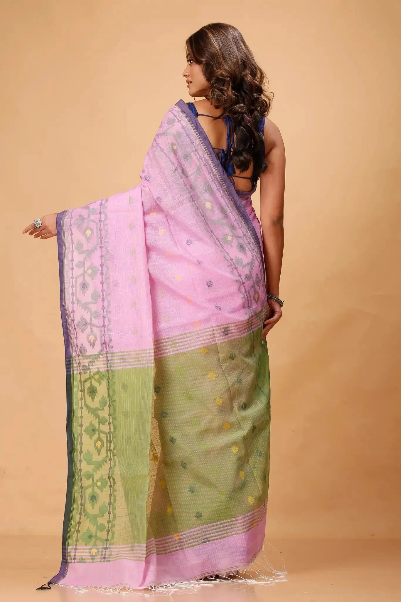 Bellu Cotton Handloom Fancy Saree- Pink With Green Border Traditional Geometric Pattern - Grivana