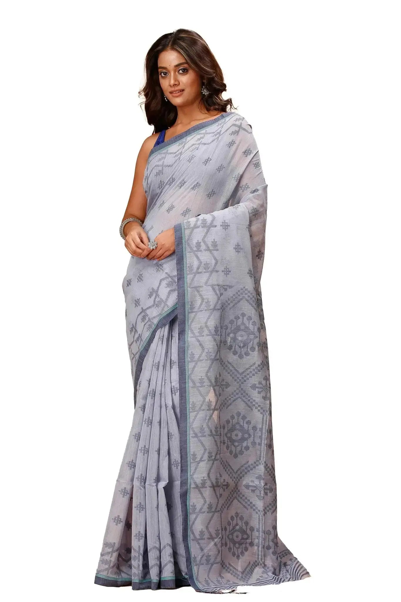 Silver Sand- Bellu Cotton Handloom Fancy Geometric & Floral Saree With Blouse Piece