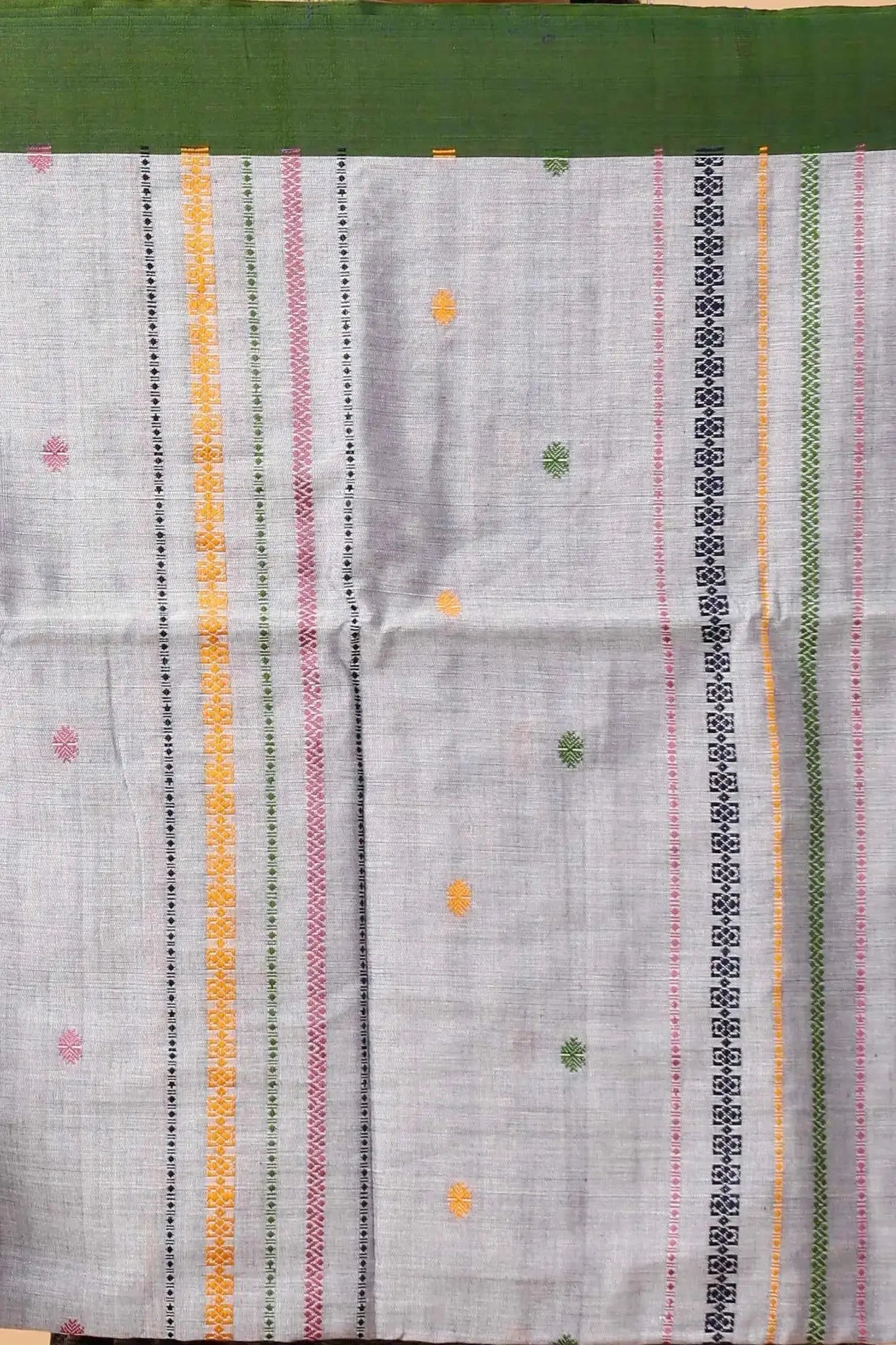 Grey Manipuri Cotton Saree With Forest Green Border Woven Pallu