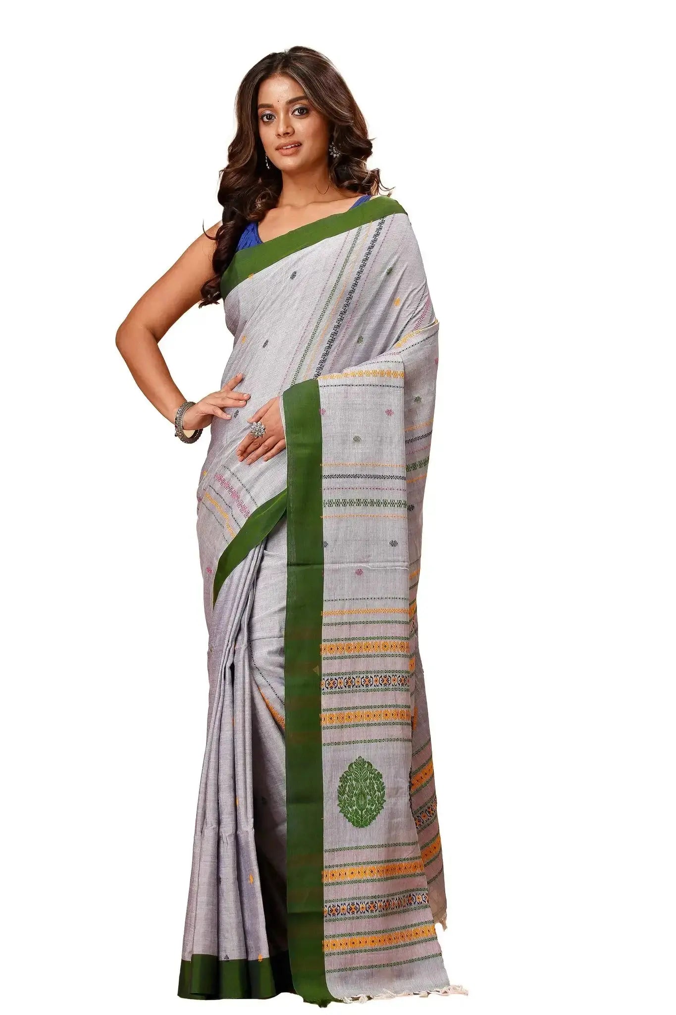 Grey Manipuri Cotton Saree With Forest Green Border Woven Pallu